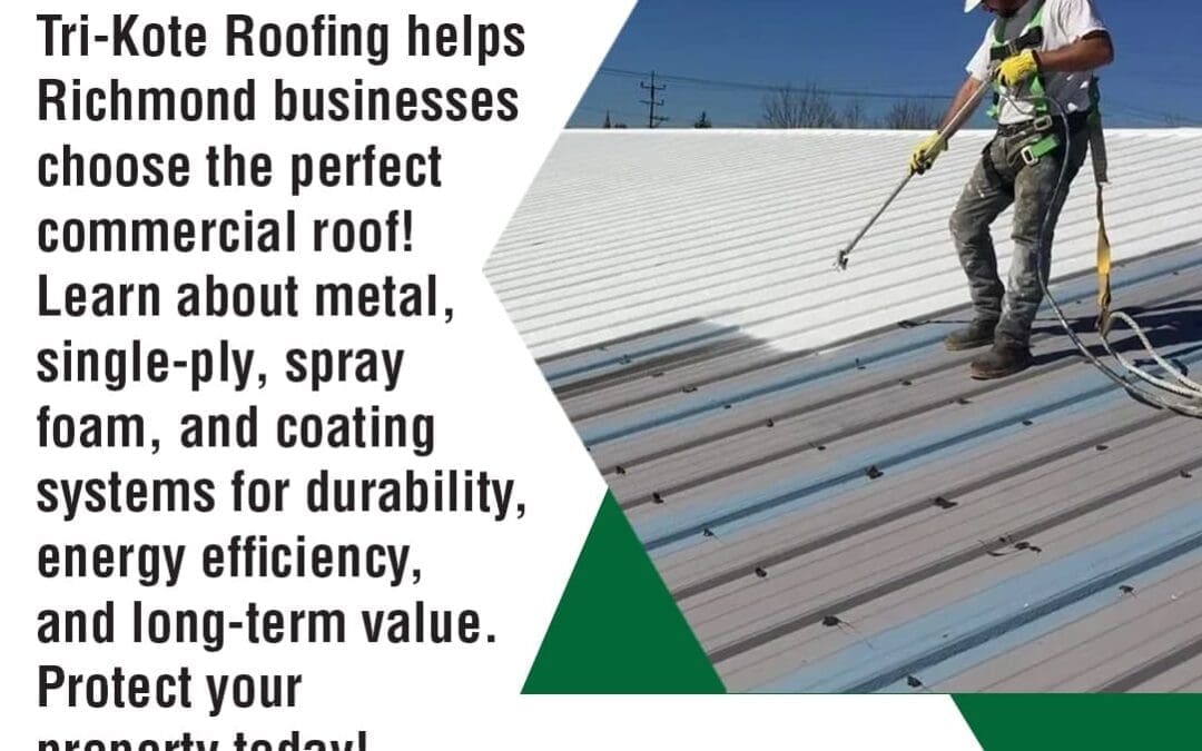 A roofer in a harness sprays a white coating onto a metal commercial roof, with text about Tri-Kote Roofing's commercial roof systems for Richmond businesses.