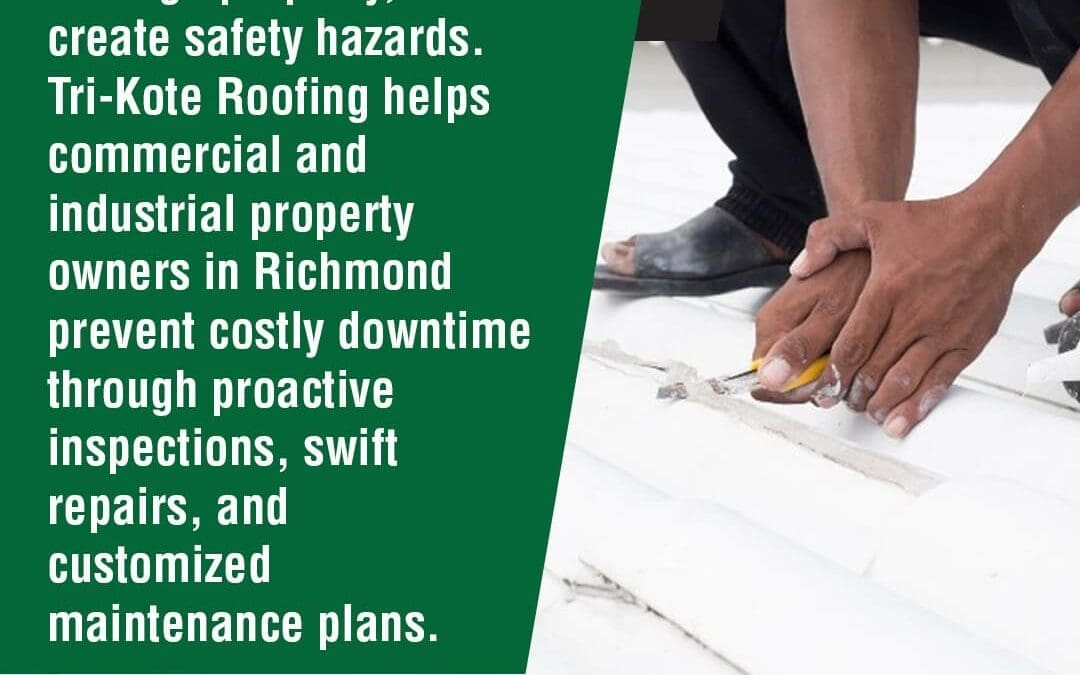 A roofer in work pants and bare feet uses a tool to work on a white commercial roof, while text explains how Tri-Kote Roofing helps Richmond property owners prevent downtime with inspections, repairs, and maintenance. The "Tri-Kote Roofing" logo is in the bottom left corner.
