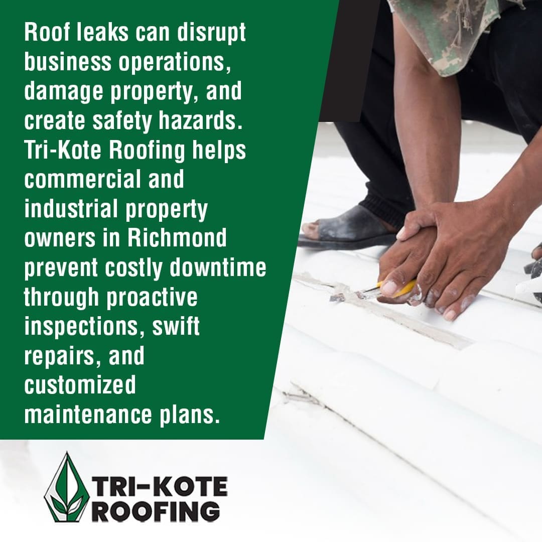 A roofer in work pants and bare feet uses a tool to work on a white commercial roof, while text explains how Tri-Kote Roofing helps Richmond property owners prevent downtime with inspections, repairs, and maintenance. The "Tri-Kote Roofing" logo is in the bottom left corner.